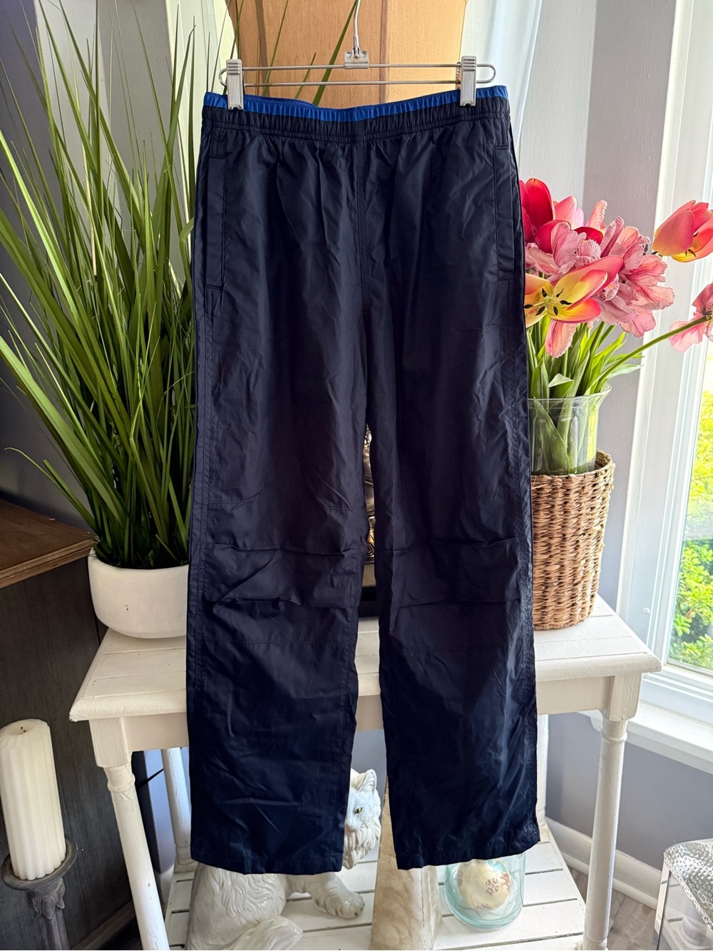 Lands End Kids Fleece Lined Nylon Pants Size L 14-16 Navy Blue Elastic Waist